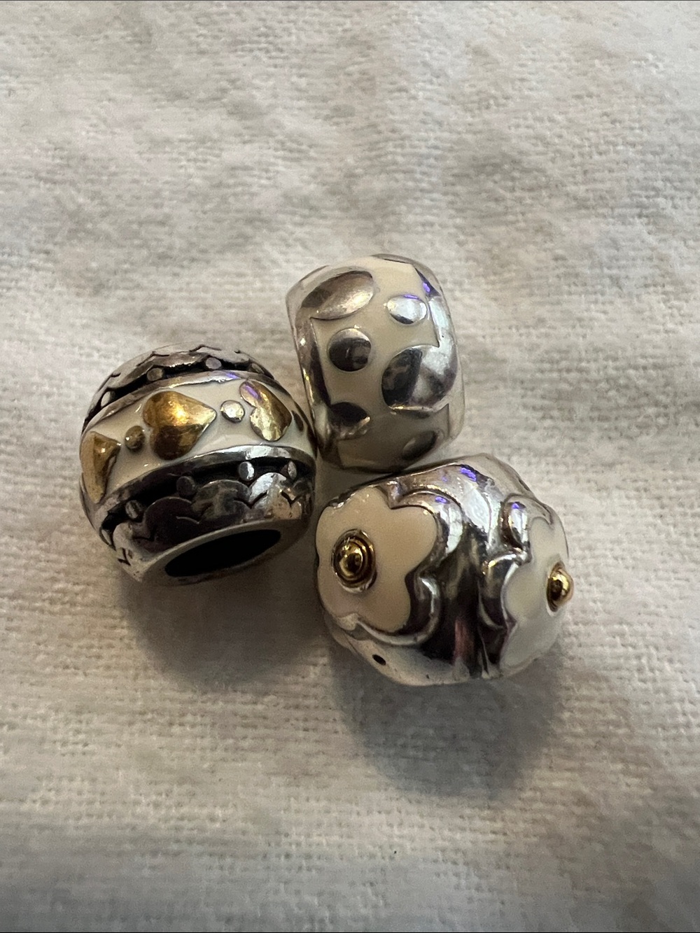 Brighton Silver, White & Gold Floral and Heart, Flowers, and Dots Bead Charms